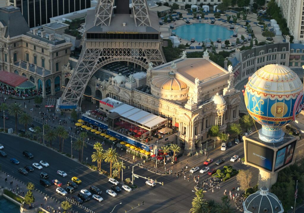 A family enjoying a meal at a kid-friendly restaurant on the Las Vegas Strip. — family-friendly attractions Las Vegas