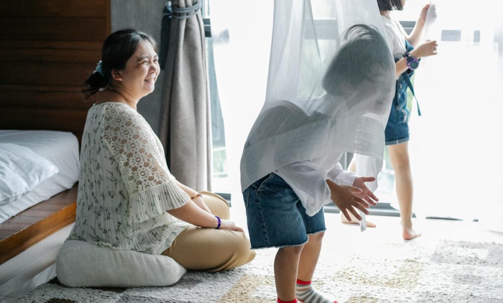 A family enjoying their stay at a mid-range hotel, emphasizing fun and comfort for all ages — best hotels in Las Vegas