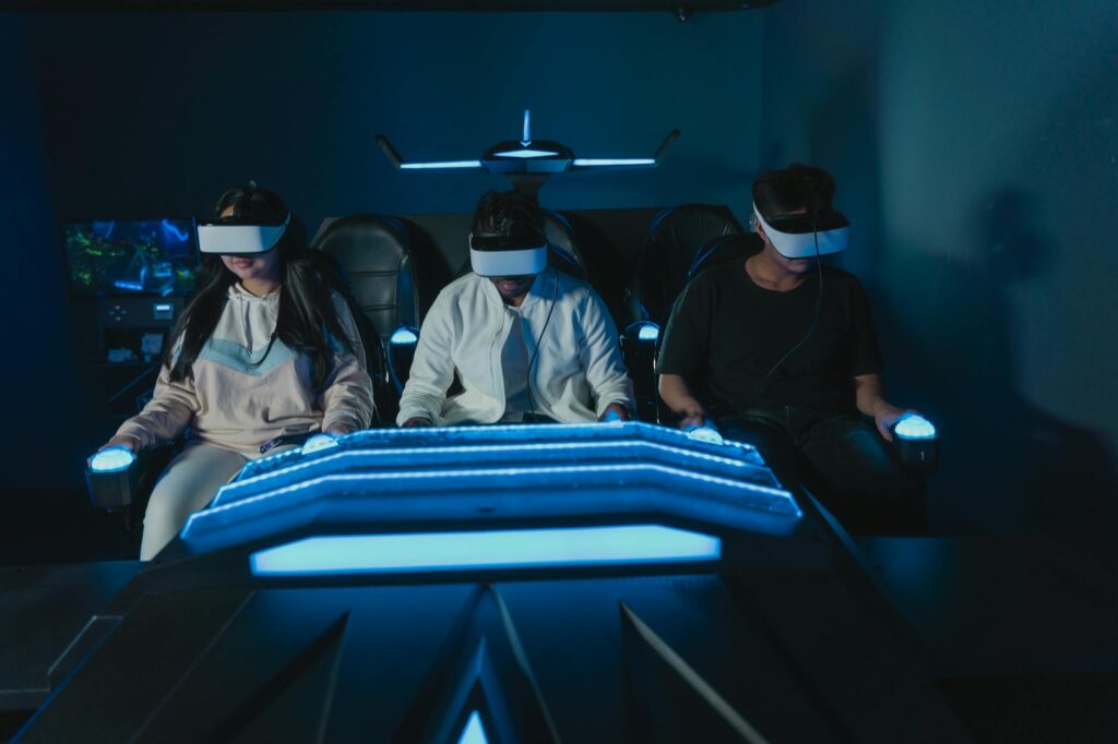 A group of friends enjoying an immersive casino experience together in a VR lounge. — virtual reality casinos Las Vegas