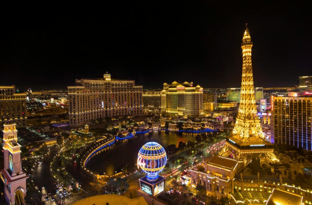 A happy dog enjoying the bright lights of Las Vegas with a view of the Strip in the background — pet-friendly Las Vegas …