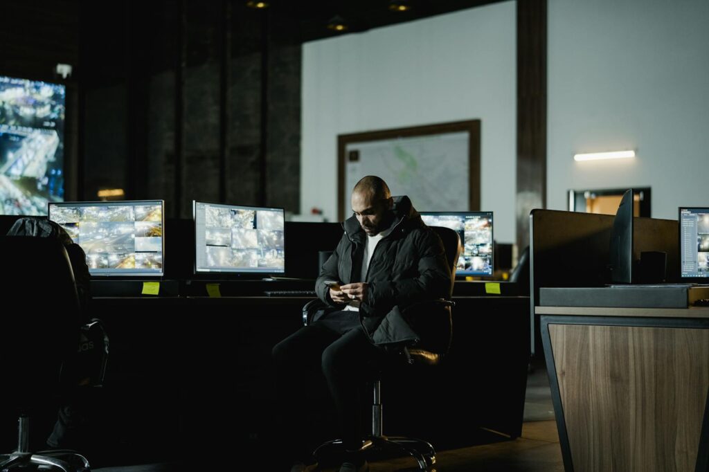 A high-tech surveillance room in a Las Vegas casino showcasing multiple screens monitoring various areas. — Las Vegas ca…