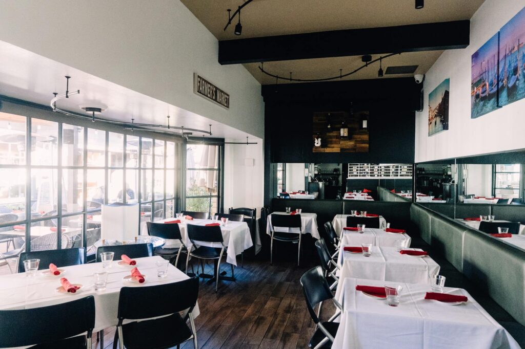 A stylish dining area in an affordable restaurant on the Strip. — budget dining Las Vegas