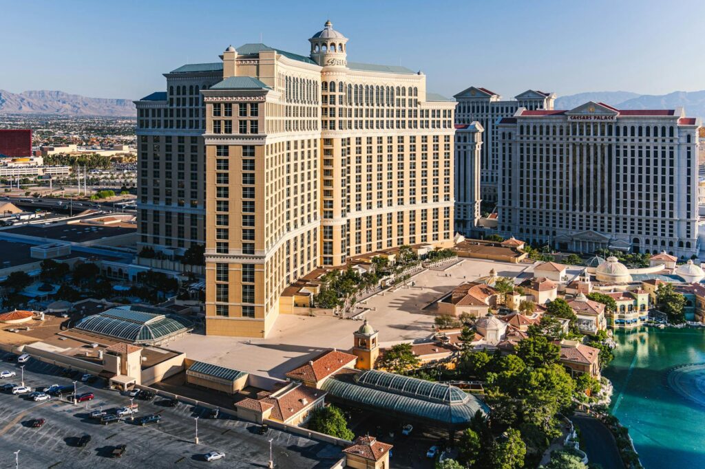 An outdoor pool area at a Las Vegas casino with families relaxing — family-friendly casinos Las Vegas