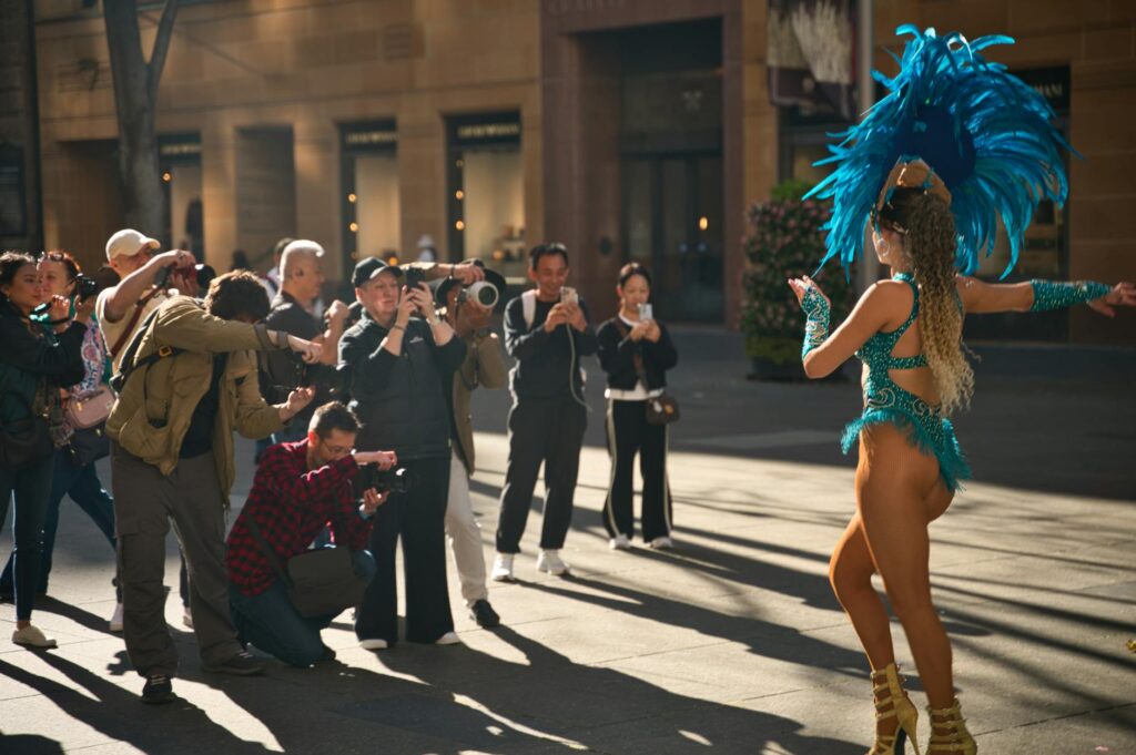 Colorful street performers entertaining visitors at Fremont Street Experience. — free attractions in Las Vegas