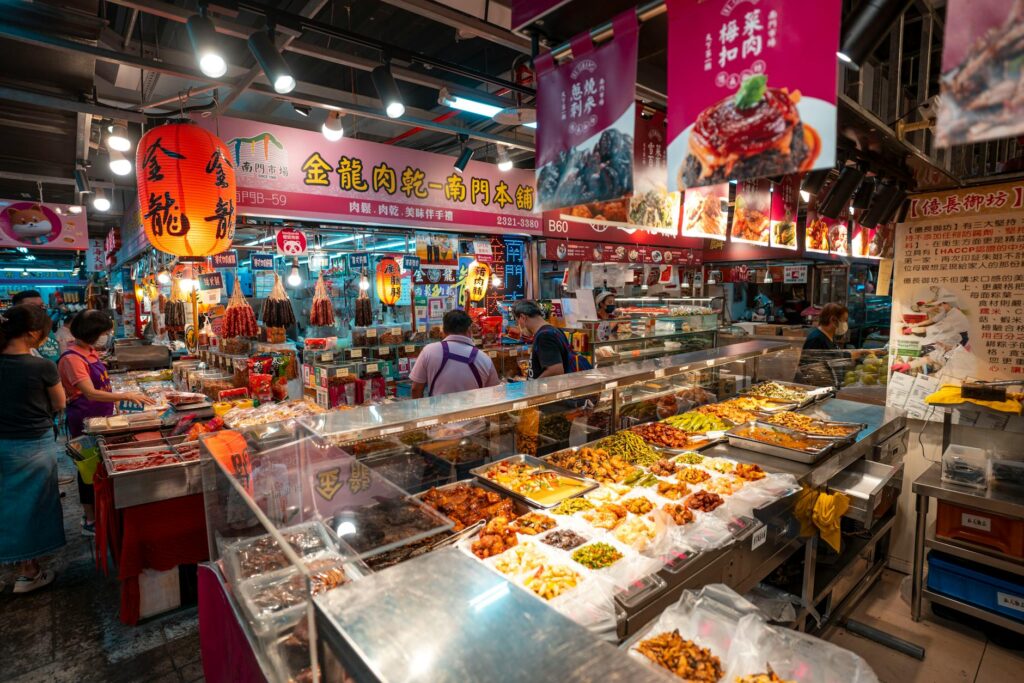 A bustling food market scene in Las Vegas with diverse food options. — unique dining in Las Vegas