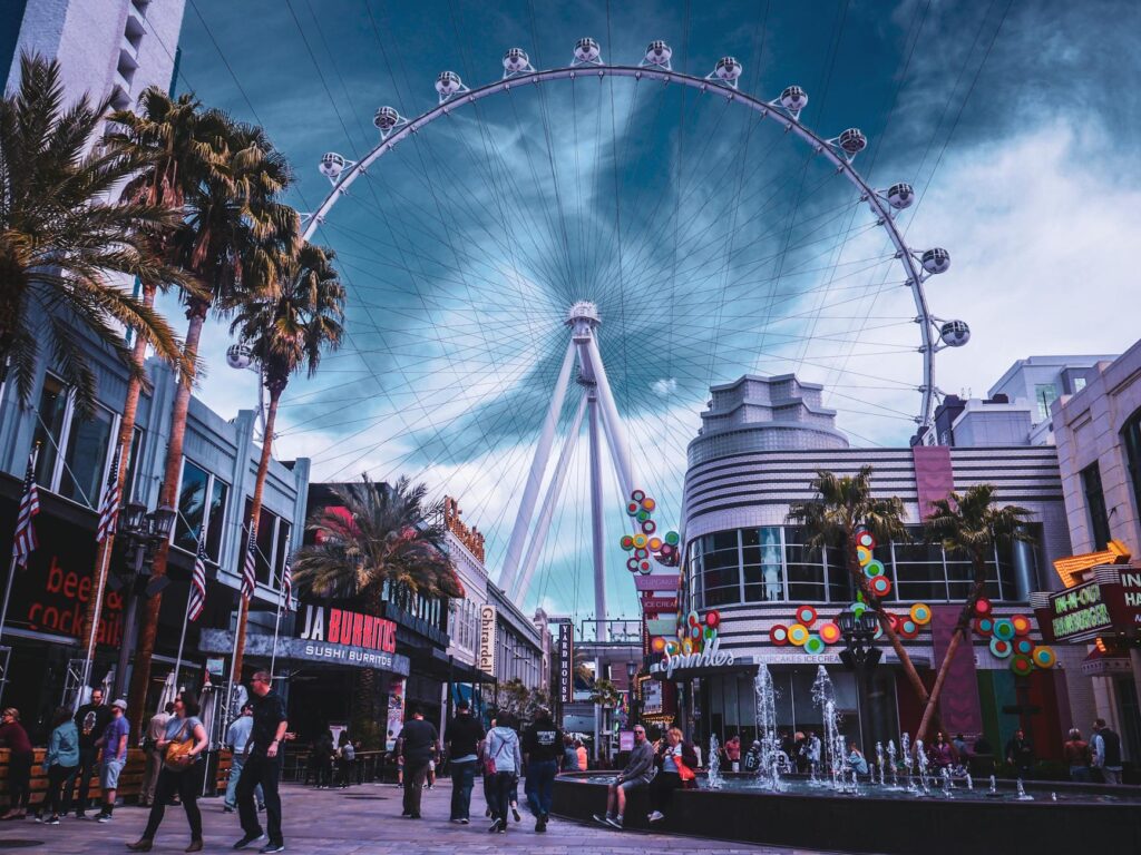 A lively festival scene in Las Vegas, highlighting visitors enjoying seasonal events related to the best time to visit Las Vegas.