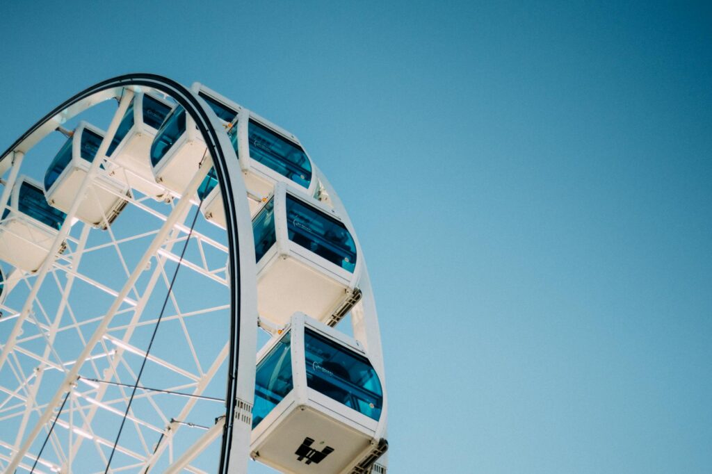 A panoramic shot of the High Roller Observation Wheel against a blue sky. — Las Vegas attractions