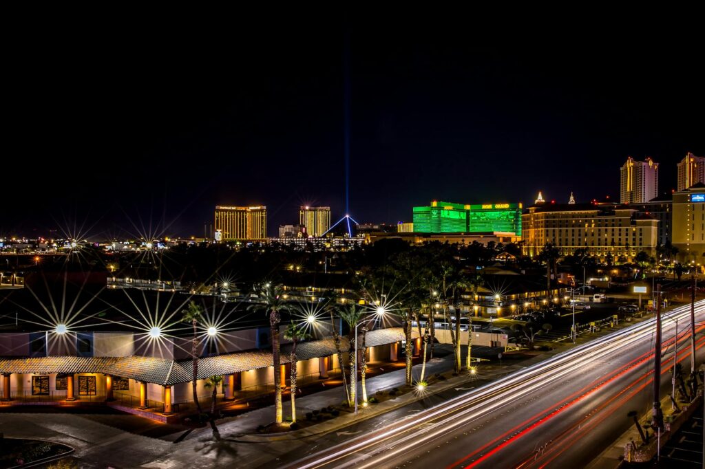 A serene winter scene with holiday decorations lining the Las Vegas Strip. — best time to visit Las Vegas