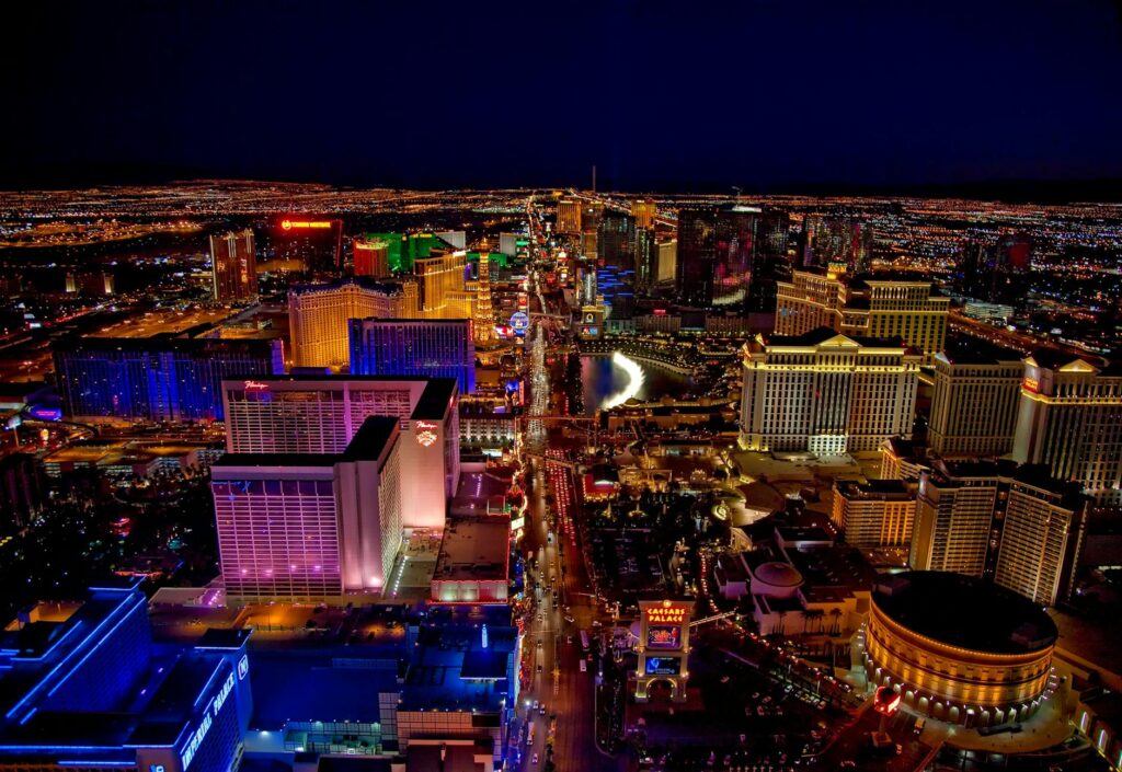 Aerial view of Las Vegas Strip at night showcasing budget-friendly attractions. — budget weekend in Las Vegas