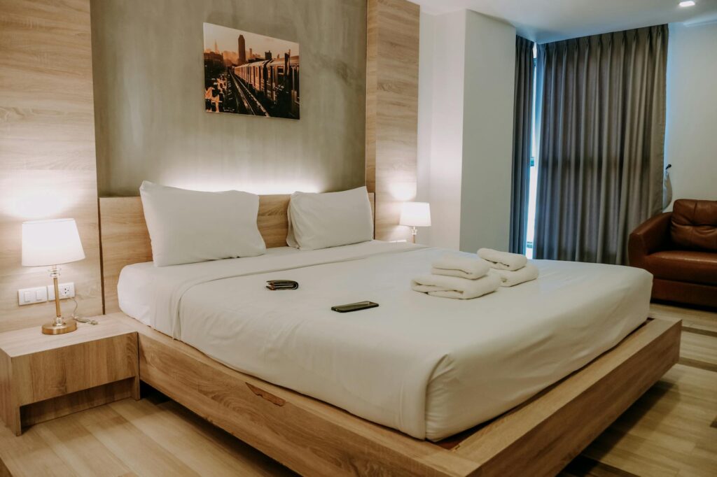 An inviting hotel room in one of the budget hotels near the Strip, emphasizing comfort and affordability. — cheap hotels…
