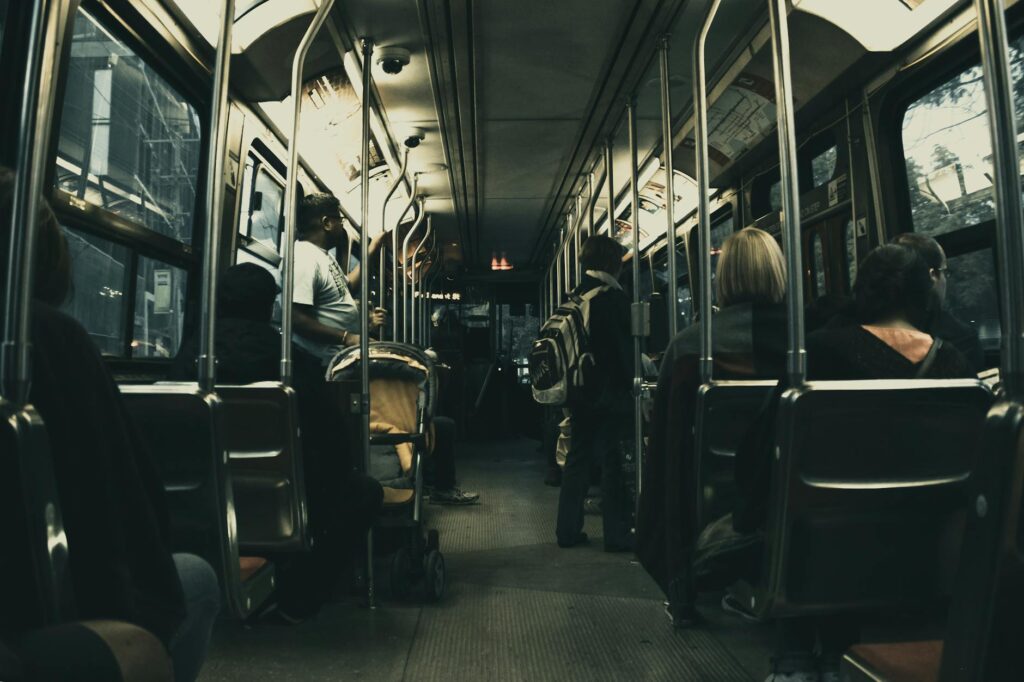 Interior view of a Las Vegas bus showcasing passengers enjoying their ride while getting around Las Vegas