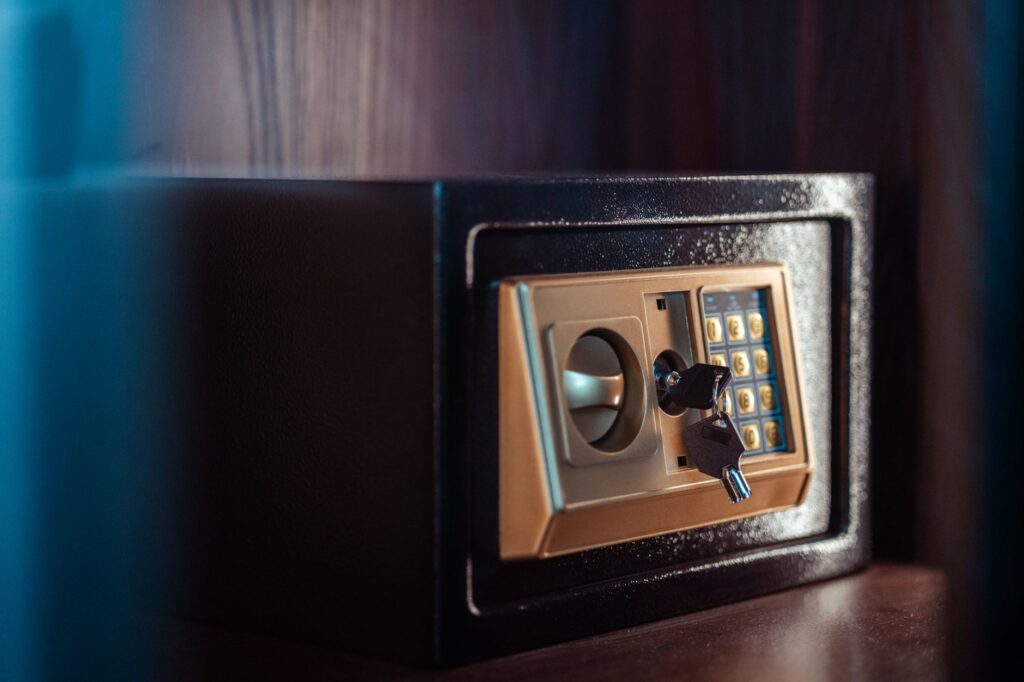 A photo of a well-lit hotel safe showcasing how to secure valuables. — las vegas safety tips