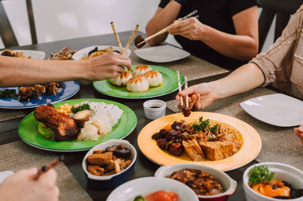 A collage of dishes from affordable dining options near budget hotels in Las Vegas.