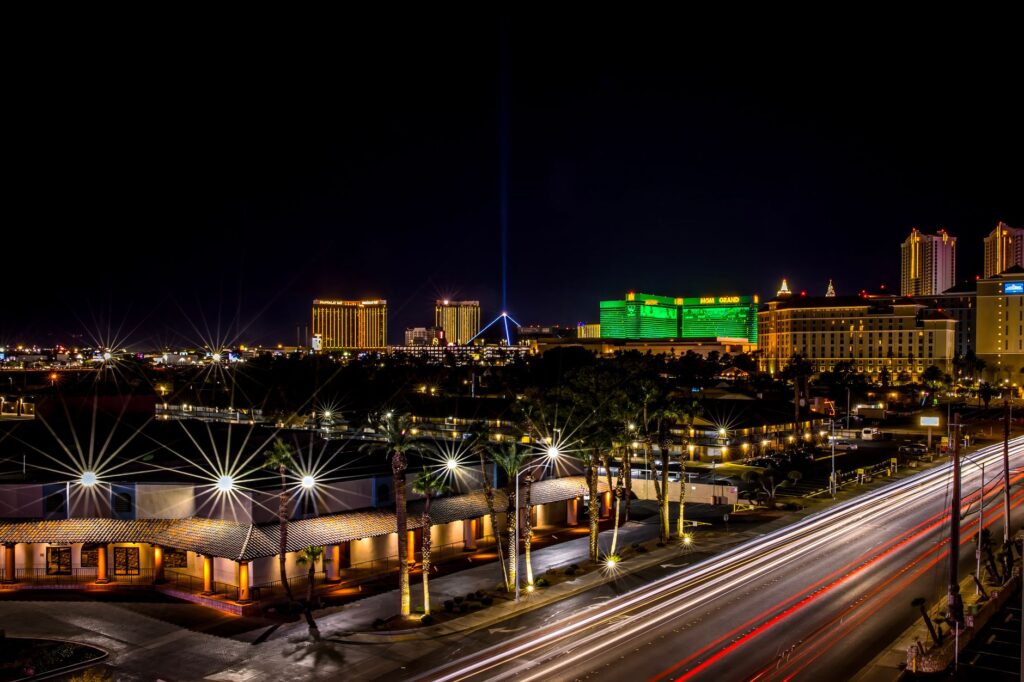 A vibrant night view of the Las Vegas Strip with colorful lights. — weekend getaway in Las Vegas
