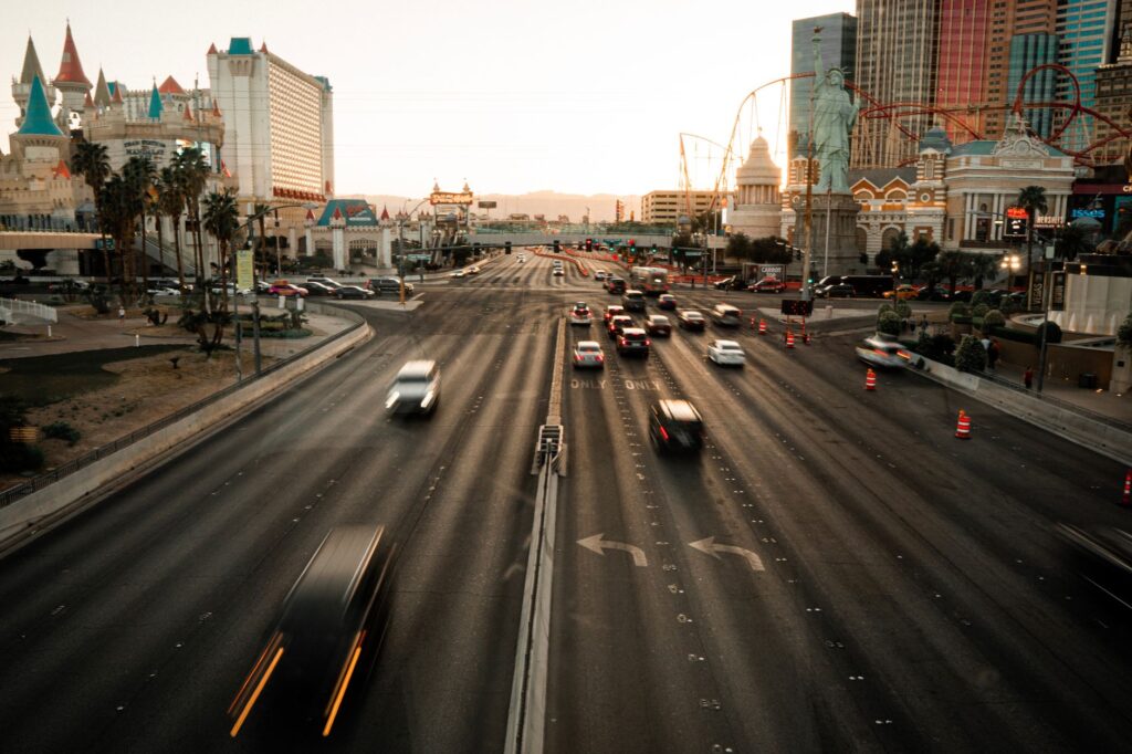 Exterior view of the Excalibur Hotel and Casino at sunset. — budget hotels in Las Vegas