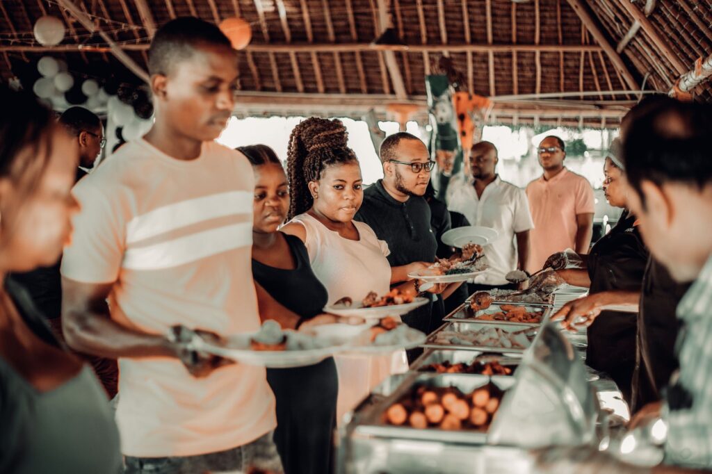 A cheerful family enjoying a buffet meal, showcasing the social aspect of dining at the best buffets in Las Vegas.