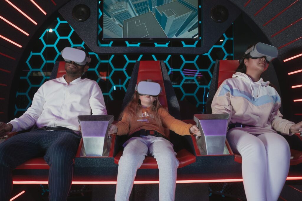 A family participating in a virtual reality experience together in Vegas. — family activities in Las Vegas