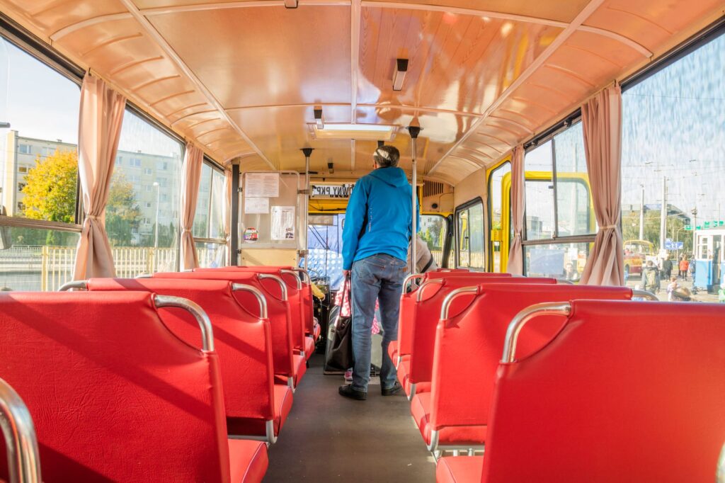 A local bus or tram to illustrate budget transport options in Las Vegas — budget weekend getaway Las Vegas
