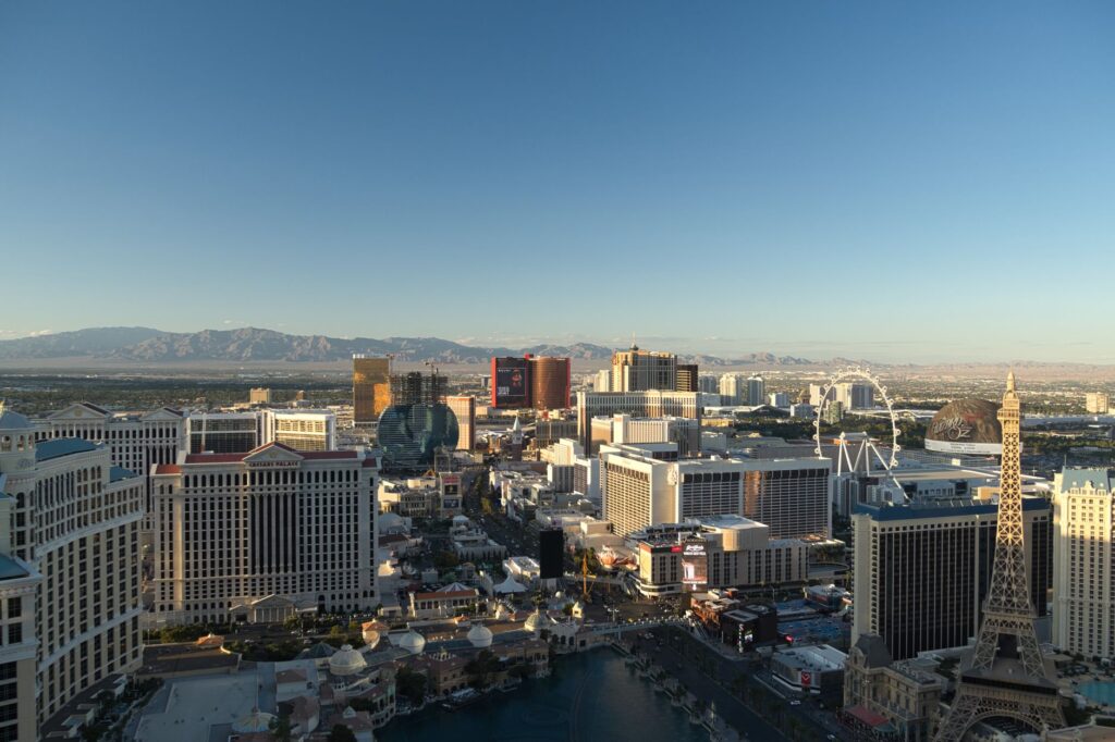 A panoramic view of the Las Vegas Strip showcasing budget-friendly hotels — budget weekend getaway Las Vegas