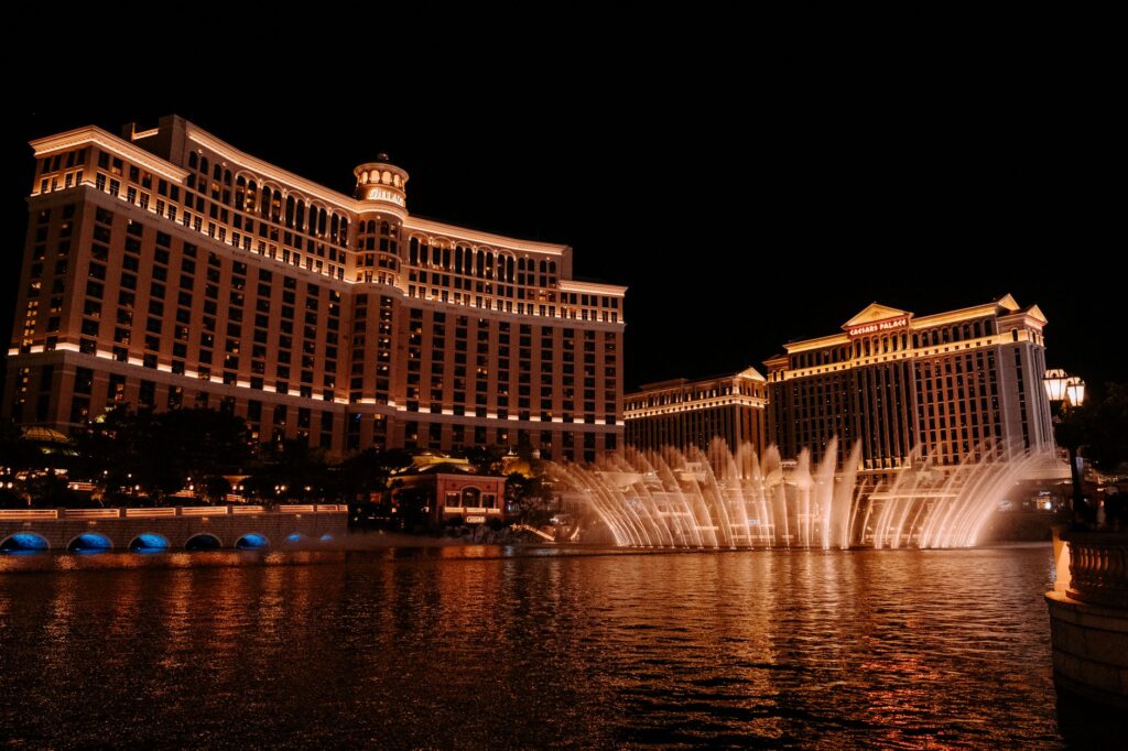 A vibrant shot of the Fountains of Bellagio showcasing their colorful water display. — free attractions in Las Vegas