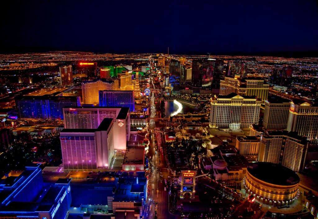 A vibrant view of the Las Vegas Strip at night, showcasing affordable hotels. — affordable hotels Las Vegas Strip