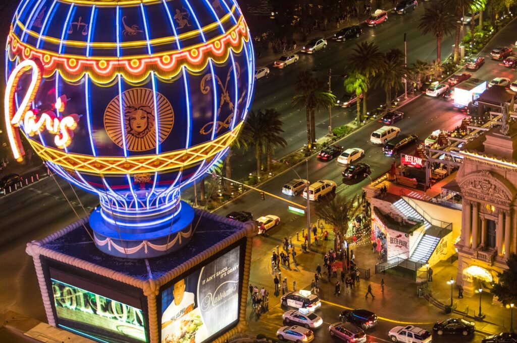 A wide-angle view of the Las Vegas Strip filled with neon lights — free attractions Las Vegas