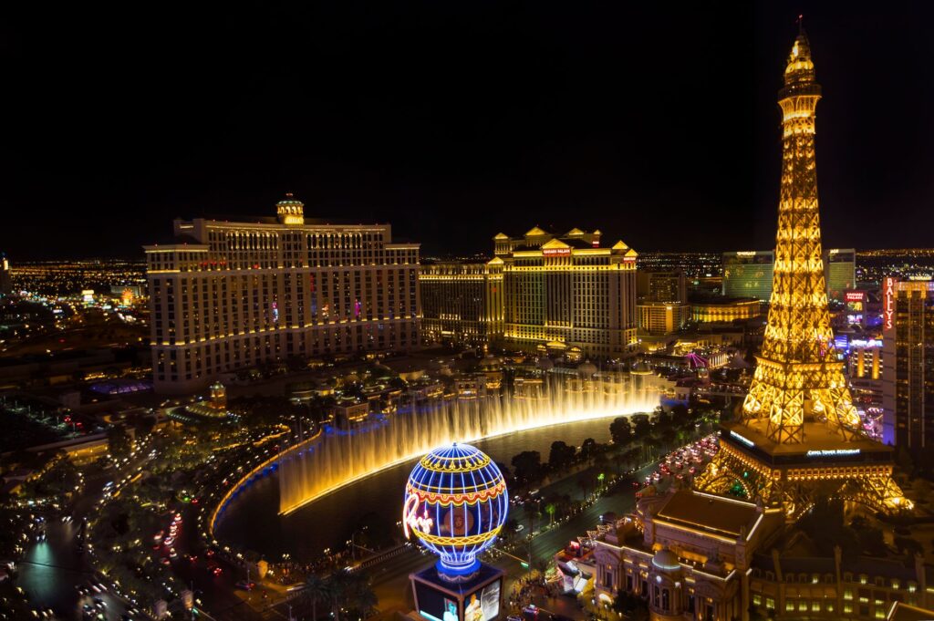 An aerial view of the Las Vegas Strip at night, highlighting the dazzling lights and nightlife. — Las Vegas nightlife guide