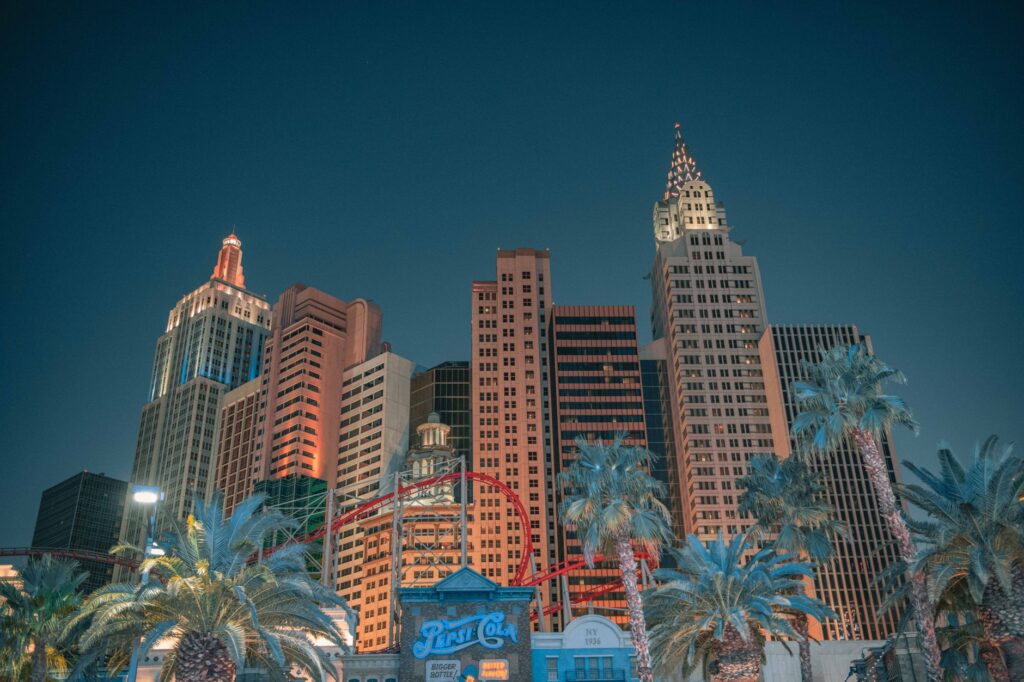 An exterior shot of a trendy new eatery in Las Vegas, emphasizing its unique architecture and atmosphere. — new restaura…