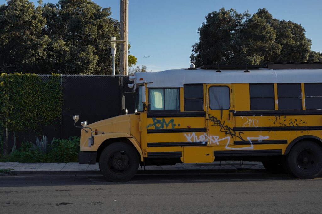 An image of a Las Vegas RTC bus at a bus stop. — getting around Las Vegas