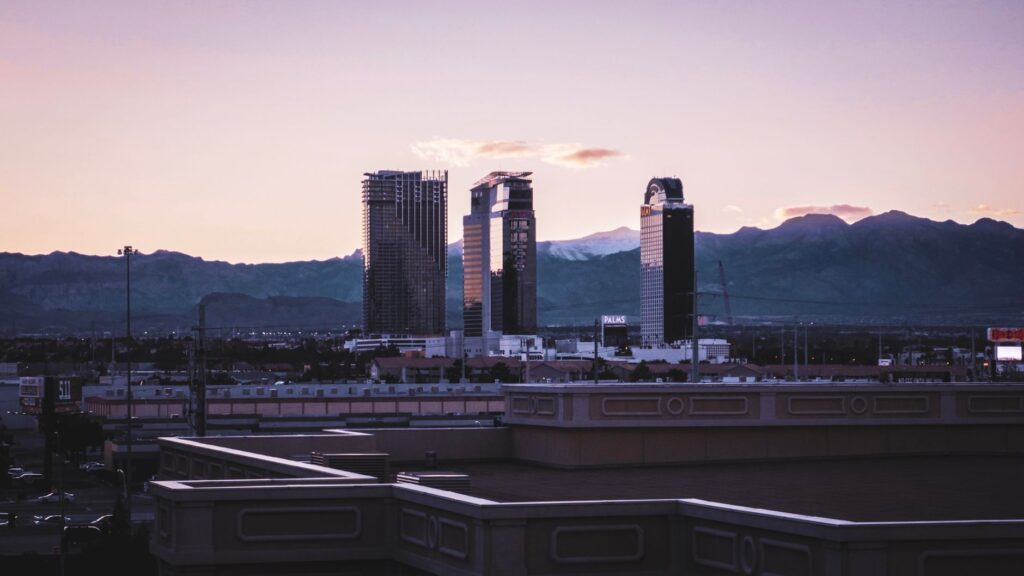 An overview of Las Vegas' skyline during sunset, capturing the city's beauty in the evening. — best time to visit Las Vegas