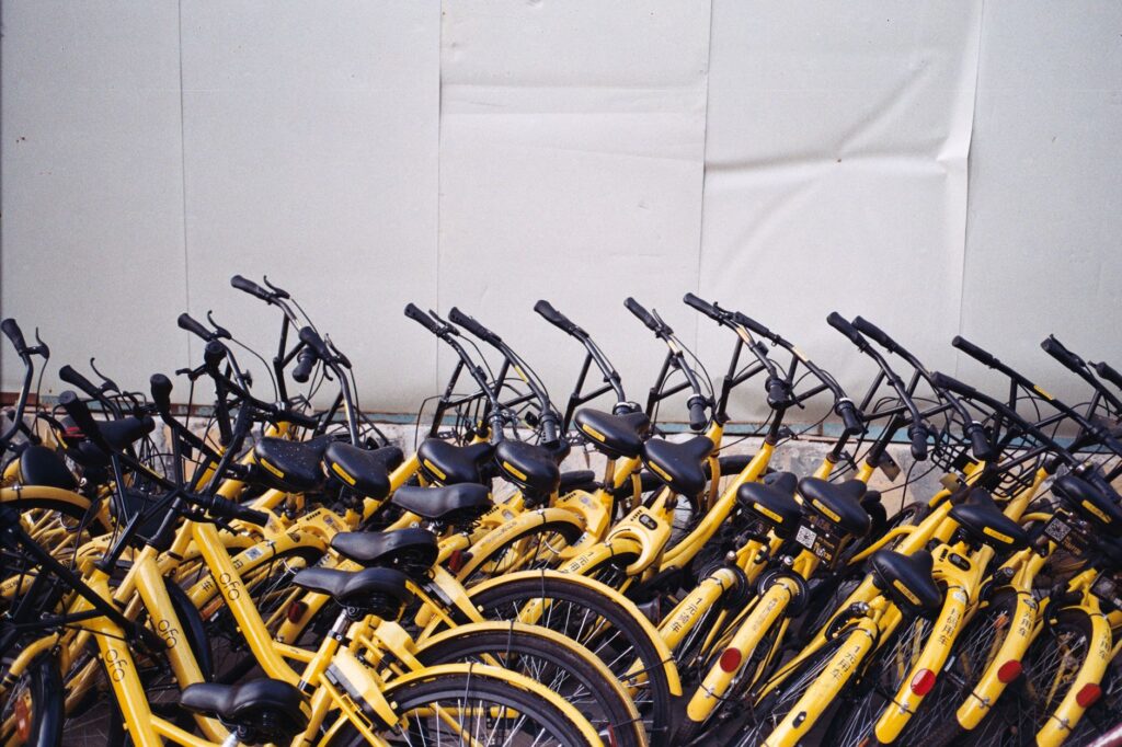 Bicycles parked near a bike rental station along the Strip. — Las Vegas transportation guide