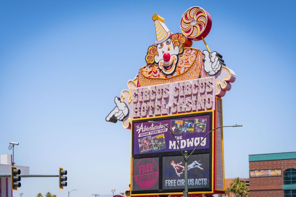 Exterior shot of Circus Circus Hotel with its colorful entrance. — budget hotels Las Vegas Strip