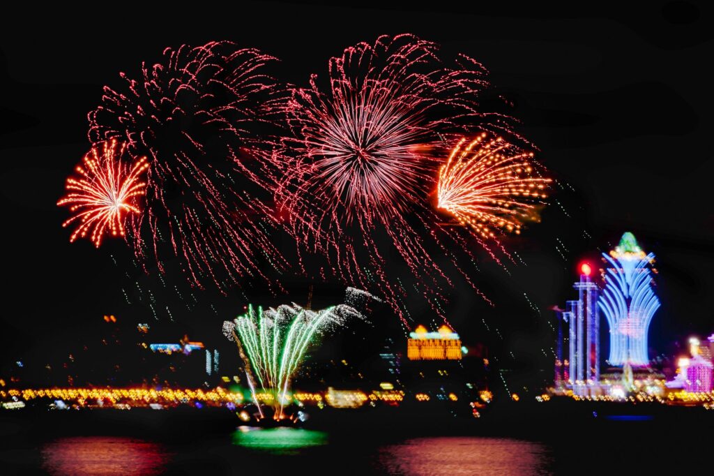 A colorful display of fireworks over the Las Vegas skyline during a fall festival. — best time to visit Las Vegas