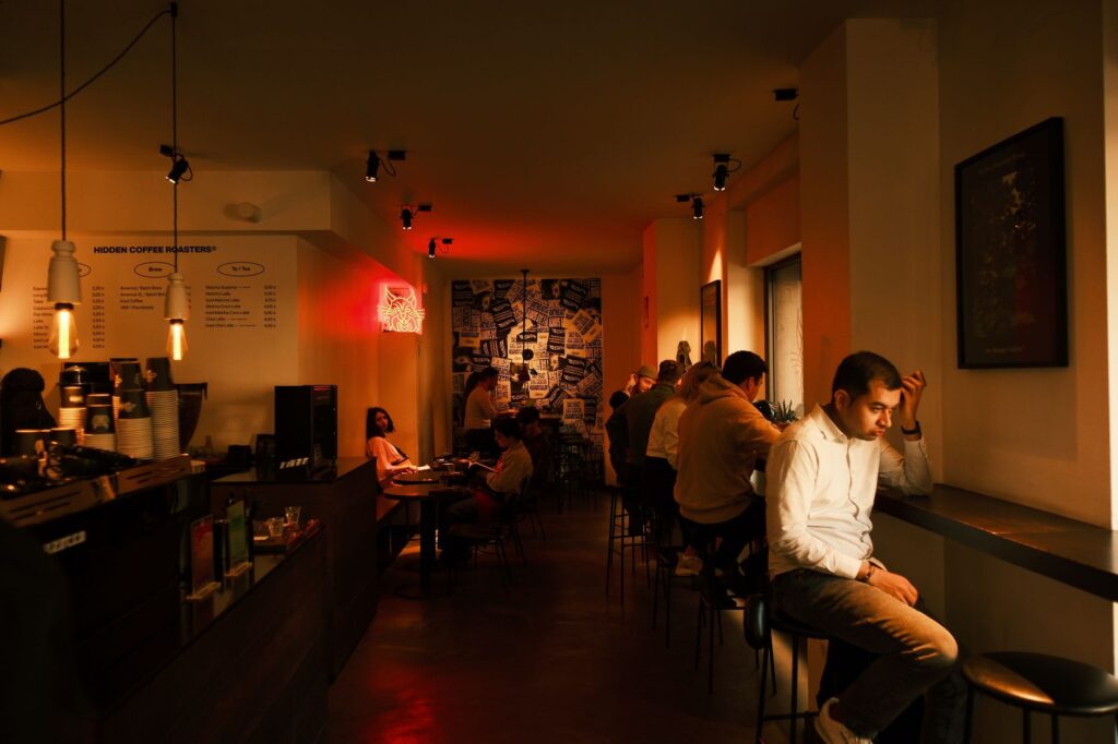 A cozy coffee shop in a hidden location, filled with local patrons — hidden gems in Las Vegas