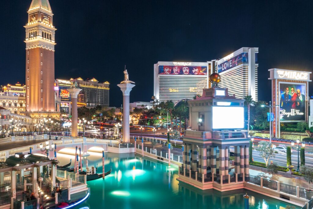 A vibrant view of the Las Vegas Strip during spring with blooming flowers. — best time to visit Las Vegas