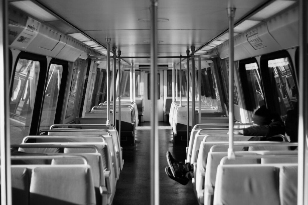 Interior of a Las Vegas Monorail train, highlighting comfortable seating and clear signage. — transportation in Las Vegas